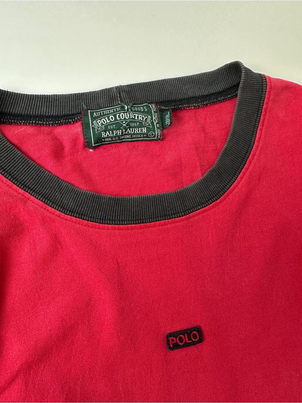 Vintage Polo Country Ralph Lauren Cropped Long Sleeve T-Shirt Mens L Red Raw Hem